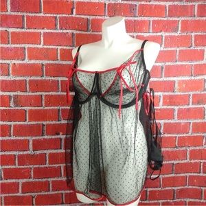 Polka Dot Mesh Lingerie Black Red 2X
